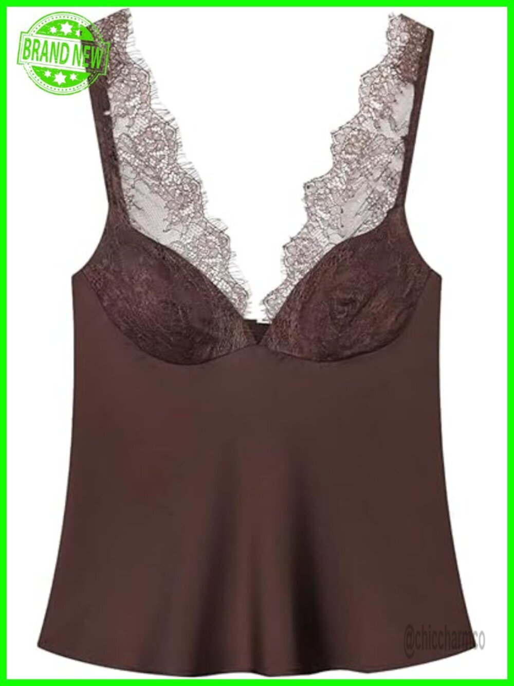 Lace Trim Satin Blouse Sleeveless Deep V Neck Ruffle Hem Spaghetti Strap Side